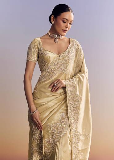 Gold Tissue Silk Saree With Scallop Border And Rich Embroidered Unstitched Blouse