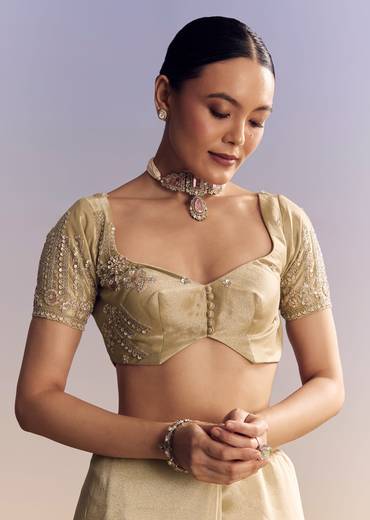 Gold Tissue Silk Saree With Scallop Border And Rich Embroidered Unstitched Blouse