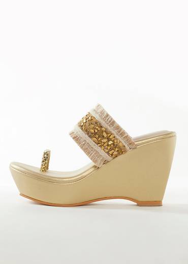 Gold Faux Leather Womens Footwear With Embellished  Work