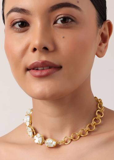 Gold Finish Short Necklace With Mother Of Pearls