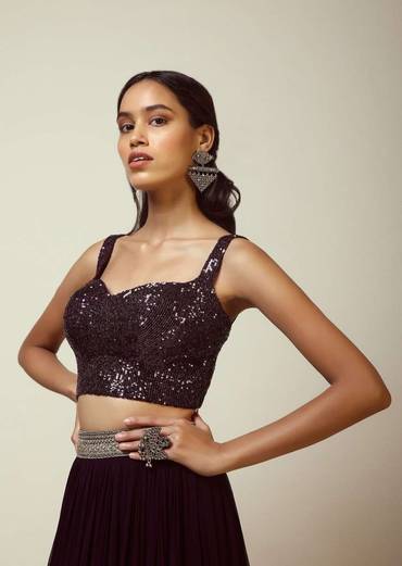 Grape Purple Sleeveless Blouse With Sweetheart Neckline And Heavily Embellished In Shimmering Sequins