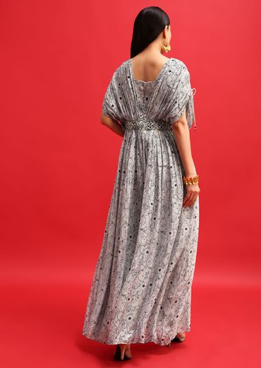 Gray Abstract Printed Jumpsuit With Resham Work