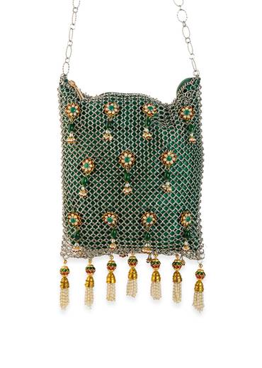 Green and Gold Jaal Mesh Pearl Embellished Bag