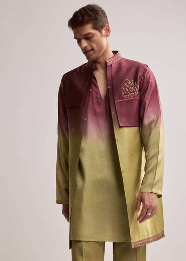 Green And Wine Ombre Silk Kurta Jacket Set For Men With Embroidery