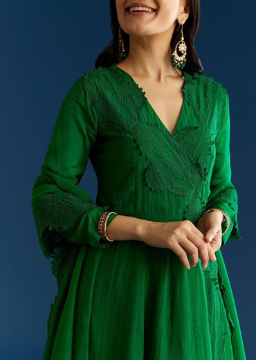 Green Angrakha Style Anarkali Suit With Resham Work