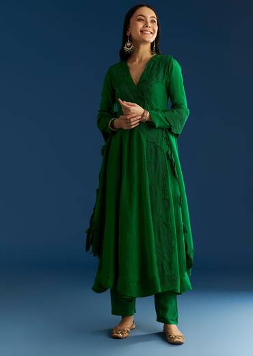 Green Angrakha Style Anarkali Suit With Resham Work