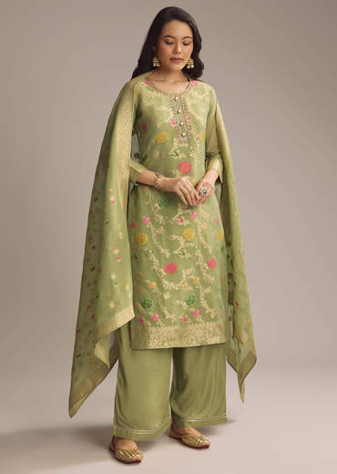 Green Banarasi Tissue Palazzo Suit
