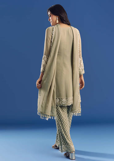 Green Beaded Kurta Pant Set With Dupatta In Georgette