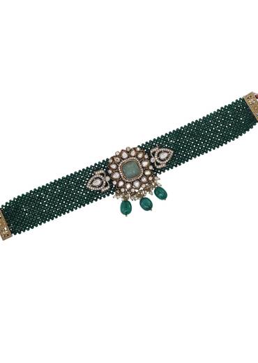 Green Beaded Modern Polki Pendant Necklace Set