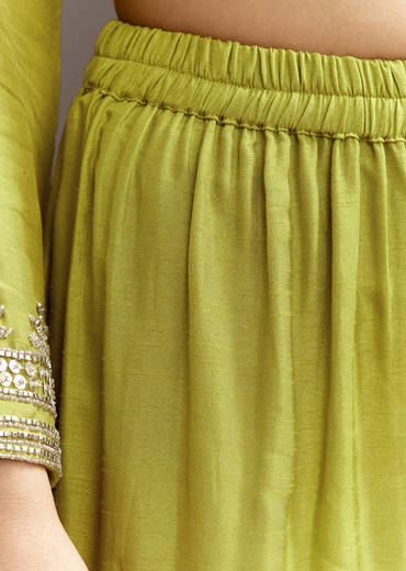 Green Beads And Sequins Work Kurta Set With Organza Dupatta