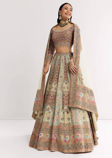 Green Beige Georgette Printed Lehenga With Scoop Neckline And Net Dupatta