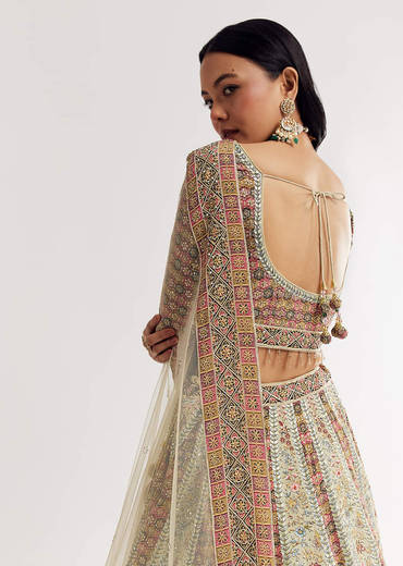 Green Beige Georgette Printed Lehenga With Scoop Neckline And Net Dupatta