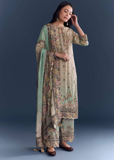 Green Beige Ombre Crepe Kurta Set With Floral Print