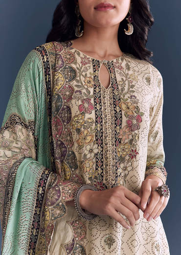 Green Beige Ombre Crepe Kurta Set With Floral Print