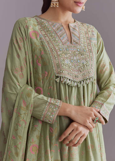 Green Chanderi Anarkali Suit With Boho Prints