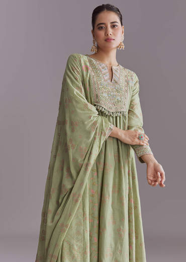 Green Chanderi Anarkali Suit With Boho Prints