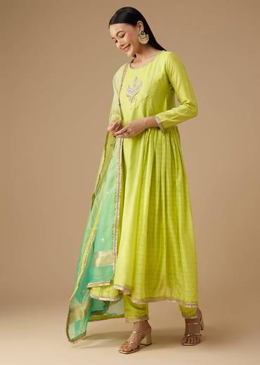 Green Chanderi Zardozi Embellished Anarkali Set