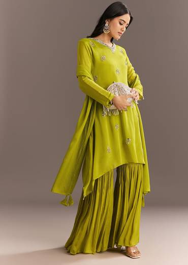 Green Chinon Asymmetrical Cut Kurta Sharara With Dupatta