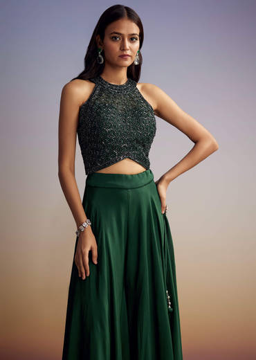 Green Chinon Crop Top Set With Sequins Work And Dupatta