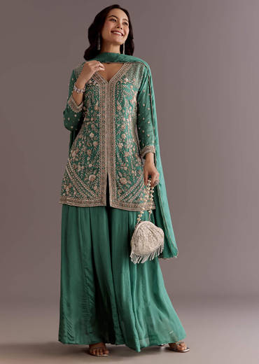 Green Chinon Cudtana Embroidered Kurta Palazzo Suit