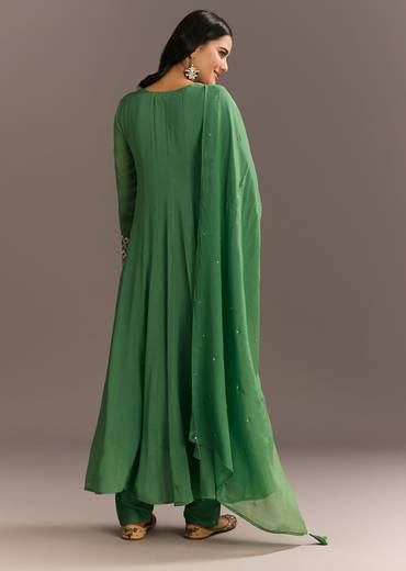 Green Chinon Kurta With Zardosi Moti Work On Neckline And Sleeves
