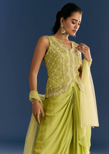 Green Chinon Moti Embroidered Kurta Skirt With Dupatta