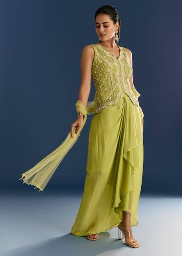 Green Chinon Moti Embroidered Kurta Skirt With Dupatta
