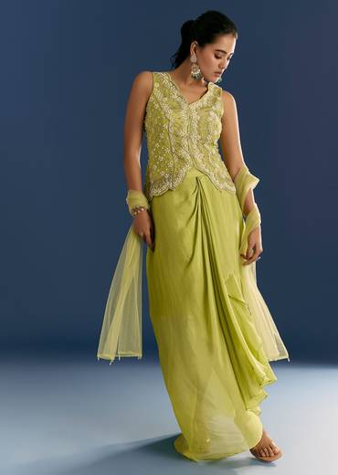 Green Chinon Moti Embroidered Kurta Skirt With Dupatta