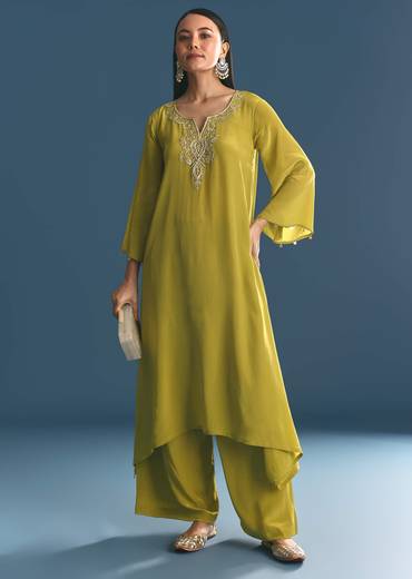 Green Crepe Gold Zardosi Kurta Pant With Dupatta