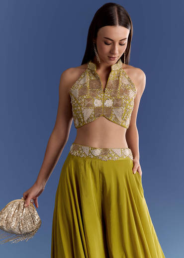 Green Crepe Palazzo Set With Moti And Zardosi Croptop