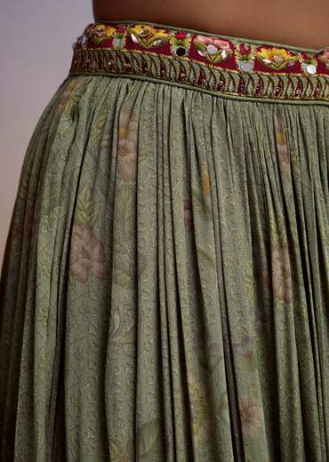 Green Crepe Palazzo Suit With Floral Print And Stone Work