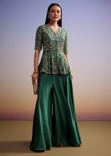 Green Crepe Peplum Crop Top And Palazzo Set With Zardosi Work