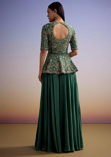 Green Crepe Peplum Crop Top And Palazzo Set With Zardosi Work