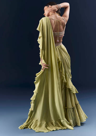 Green Crepe Ready Pleated Saree With Intricate Embroidery