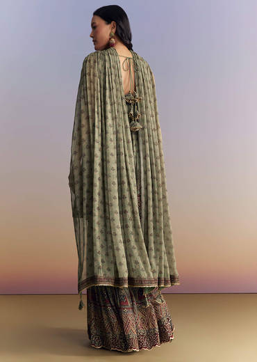 Green Crepe Sharara Suit With Indie Print And Stone Work