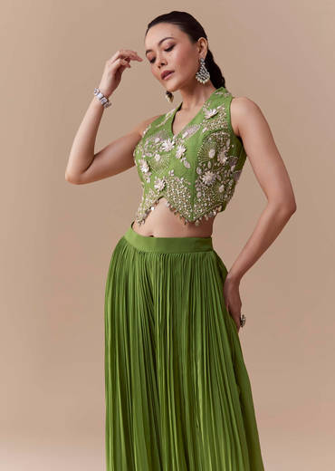 Green Crop Top Silk Palazzo Set with Sequin Work