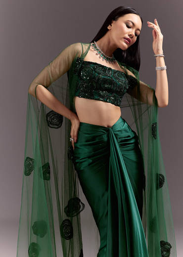 Green Drape Skirt Patched Jacket Set With Square Neck Blouse