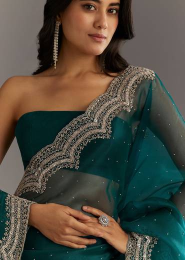 Green Embellished Tissue Saree With Embroidered Cutdana Sequin Border