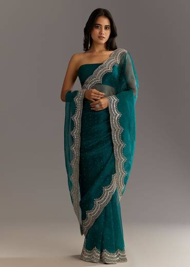 Green Embellished Tissue Saree With Embroidered Cutdana Sequin Border