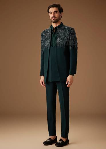 Green Embroidered Indo Western Jacket Set