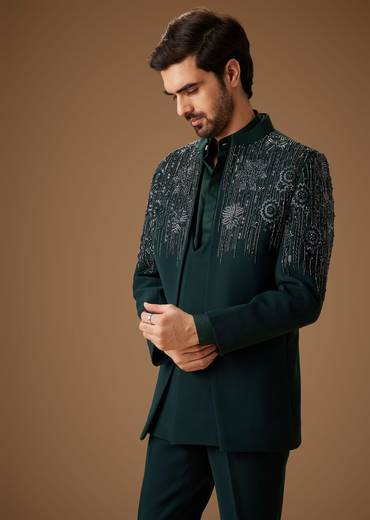 Green Embroidered Indo Western Jacket Set