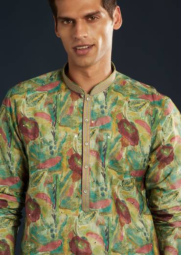 Green Floral Print Silk Kurta Set