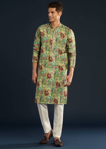 Green Floral Print Silk Kurta Set