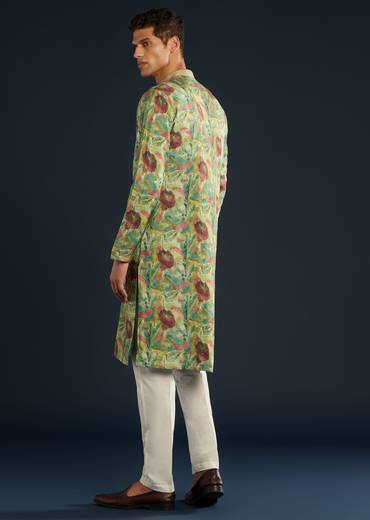 Green Floral Print Silk Kurta Set
