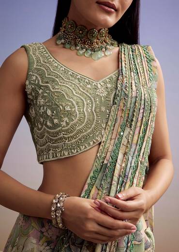 Green Floral Printed Saree With Embroidered Blouse