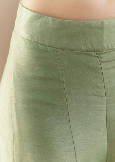 Green Fusion Silk Crop Top and Pant Set with Moti Work