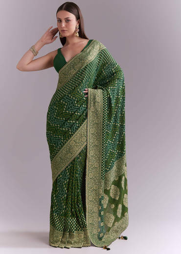 Green Georgette Bandhani Saree With Butti And Floral Border