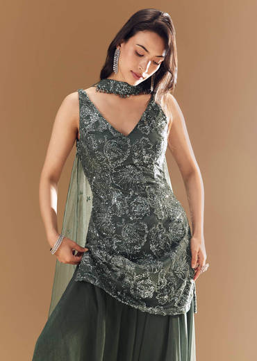 Green Georgette Palazzo Set with Choker Dupatta