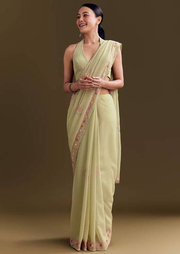 Green Georgette Saree With Kashmiri Bud Embroidery