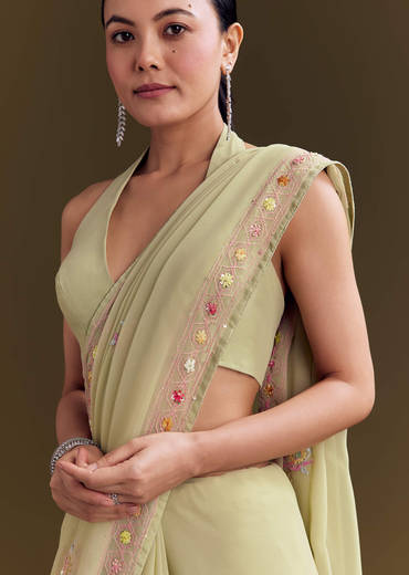 Green Georgette Saree With Kashmiri Bud Embroidery